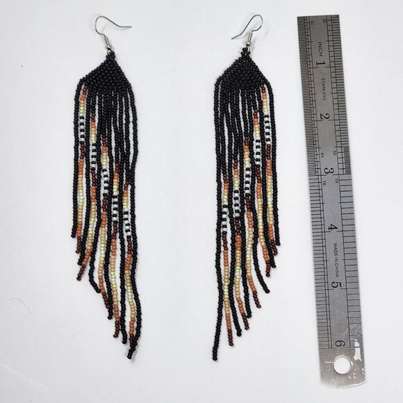 Cascading Darkness Black Boho Beaded Fringe Earrings - Picture 5 of 6